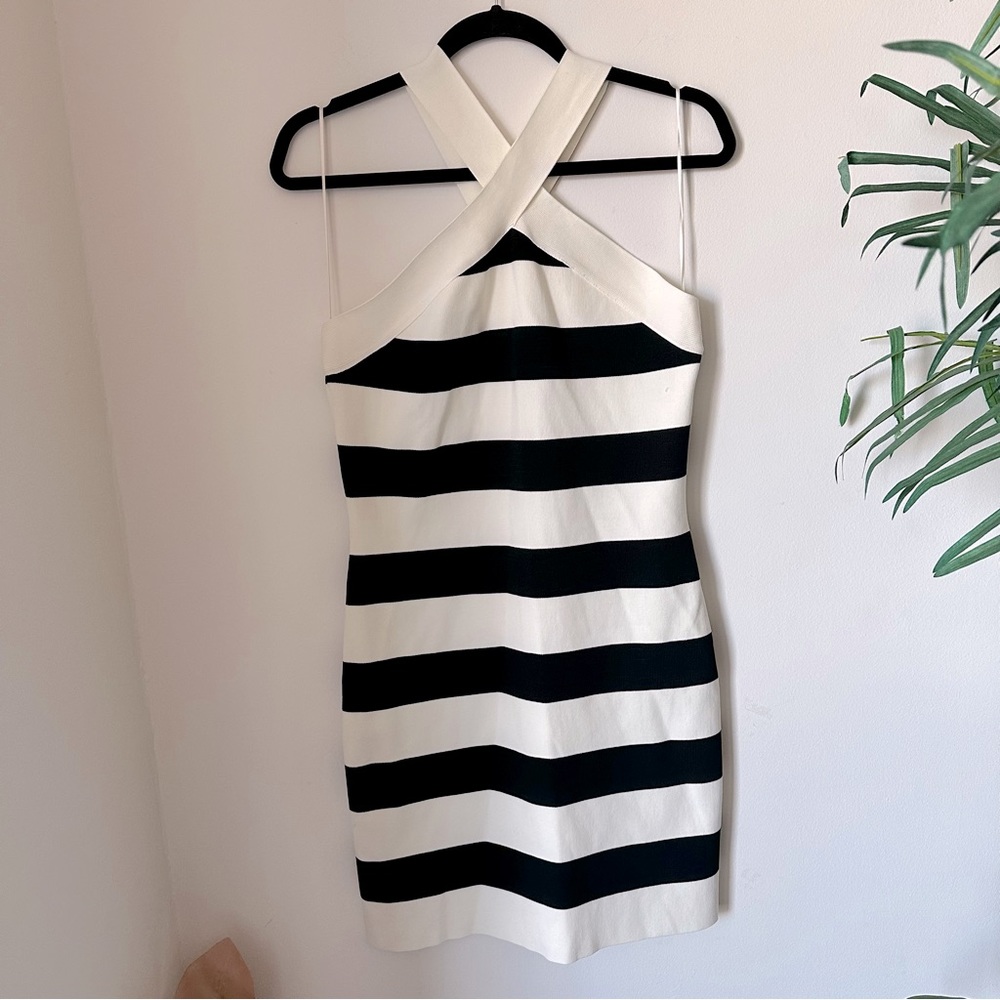 Women’s criss cross sleeveless black and white stripped knit mini Bodycon dress